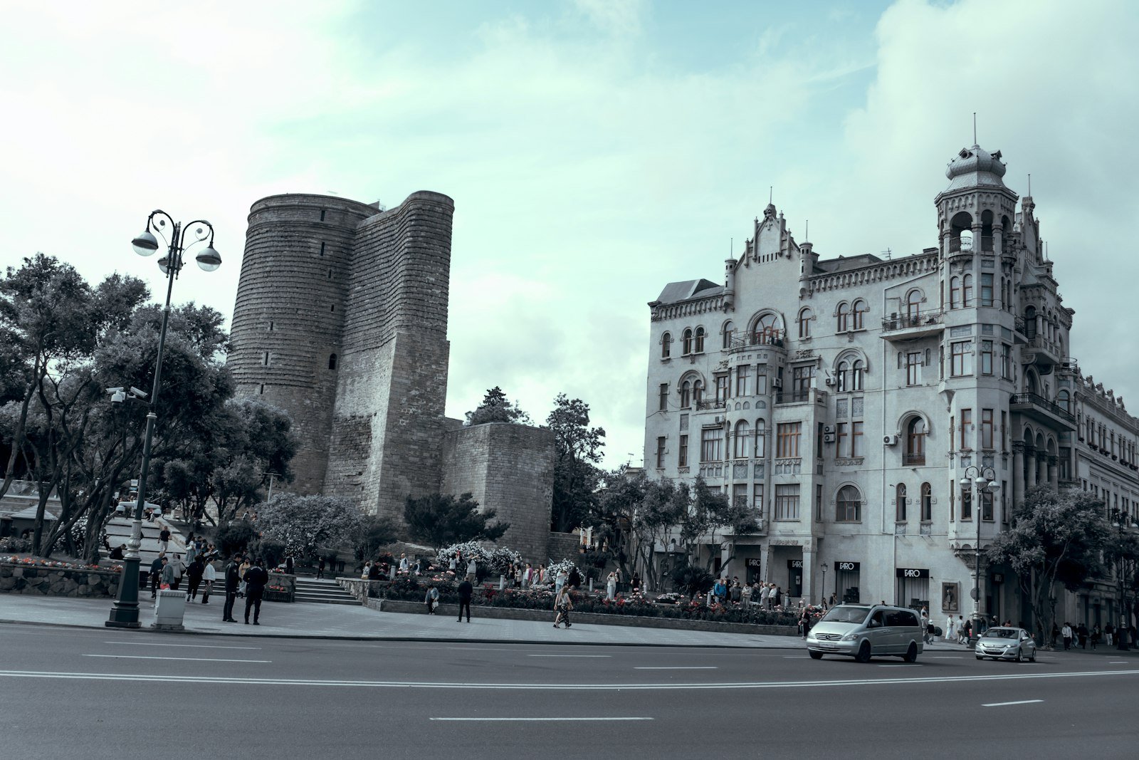 Historic stone buildings and Maiden Tower in Baku Old City, Azerbaijan