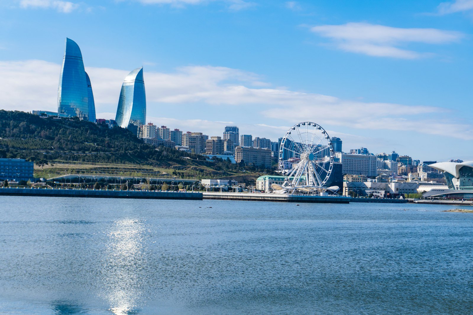Panoramic Baku skyline with the Flame Towers beside the Caspian Sea, Azerbaijan