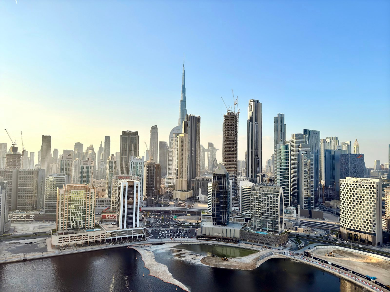 Burj Khalifa and the Dubai skyline viewed across Business Bay