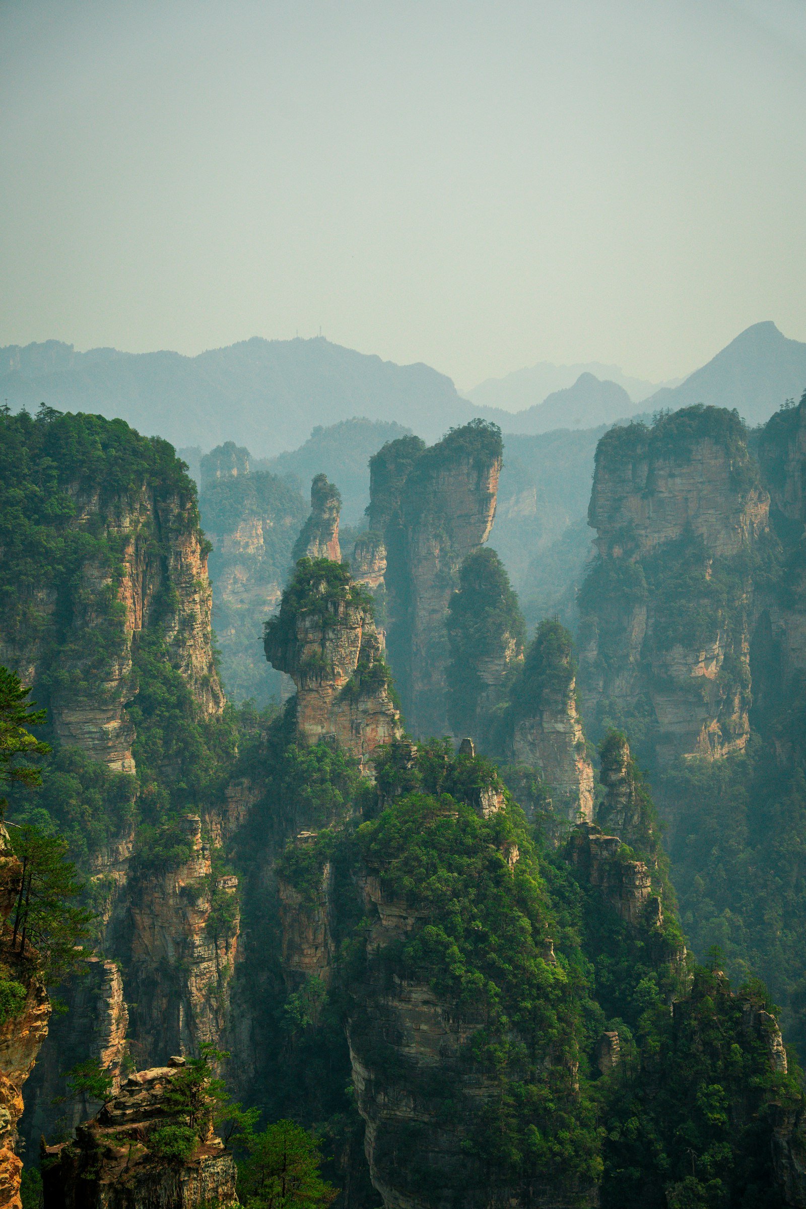 Towering forested sandstone peaks in Zhangjiajie, China